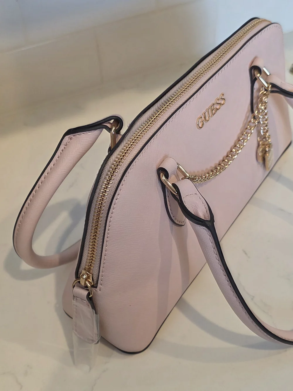 GUESS Blush Pink Saffiano Satchel - Elegant Chain Accent